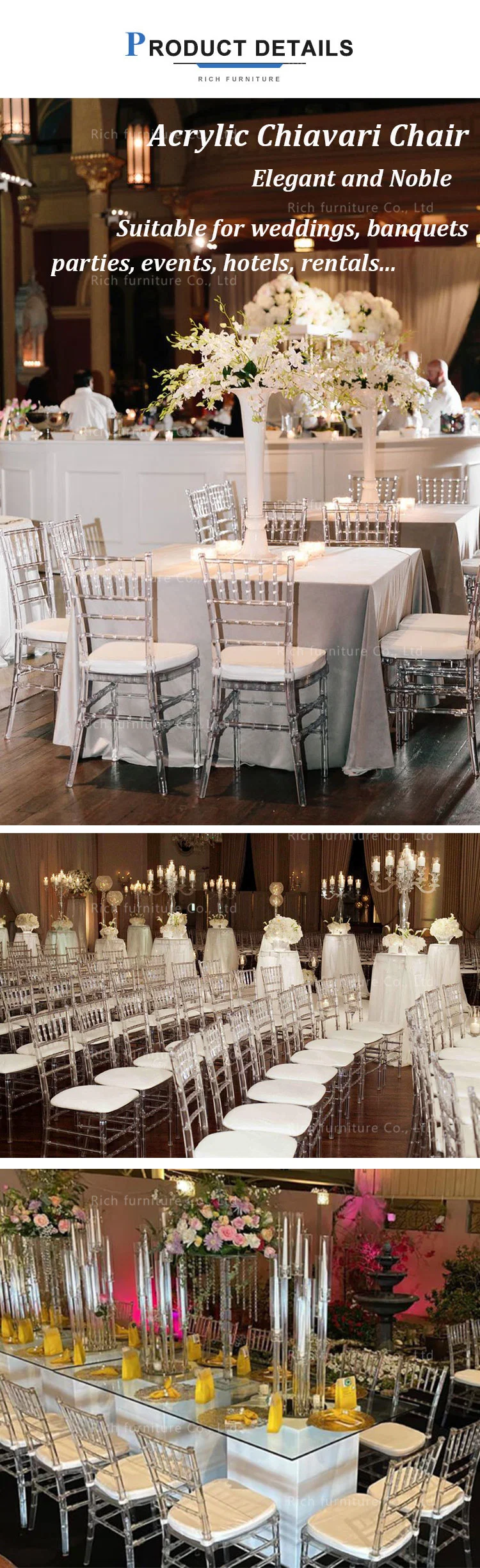 Hotel Banquet Event Chair Party Stackable Chiavari Wedding Chairs with Cushion Wedding Transparent Clear Acrylic Chiavari Chair